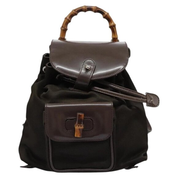 GUCCI Bamboo Backpack Nylon Brown Silver - Picture 1 of 16